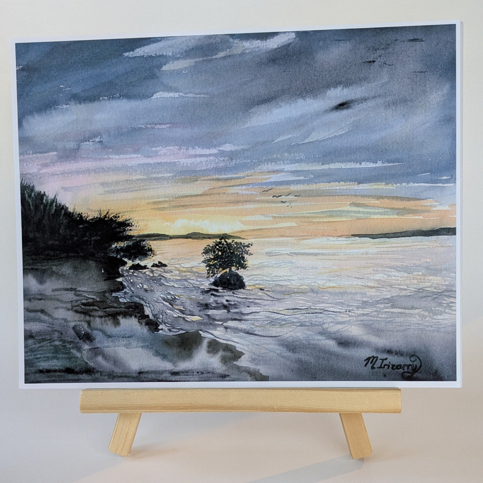 Watercolor ainting of a sunset over water in the Florida keys